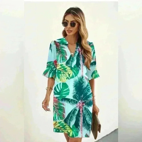 Women’s Vacation Summer Dress Short Ruffle Sleeve V-neck Tropical Print NWT SM - Picture 4 of 7